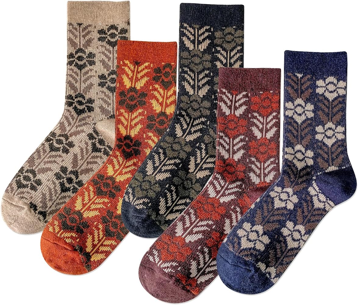 IIG 5 Pairs Womens Pretty Vintage Wool Socks Unique Print Design Soft Cozy Warm Crew Socks Christmas Gift