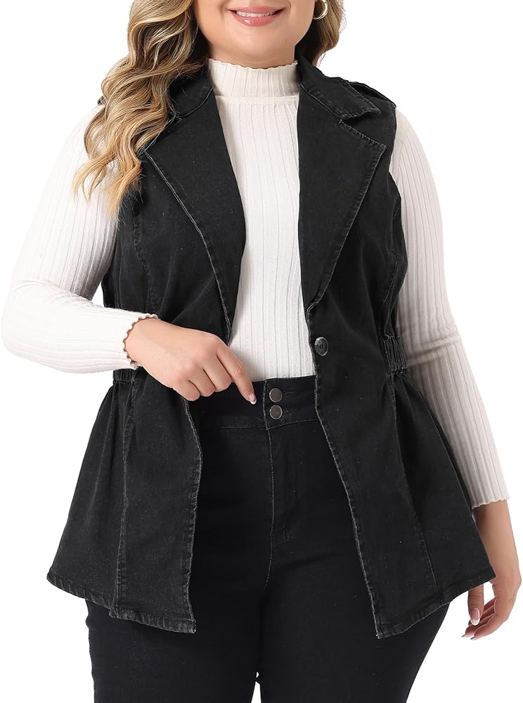 Agnes Orinda Plus Size Women's Denim Vest Sleeveless Lapel Button Elastic Waist Casual Denim Jackets Vests