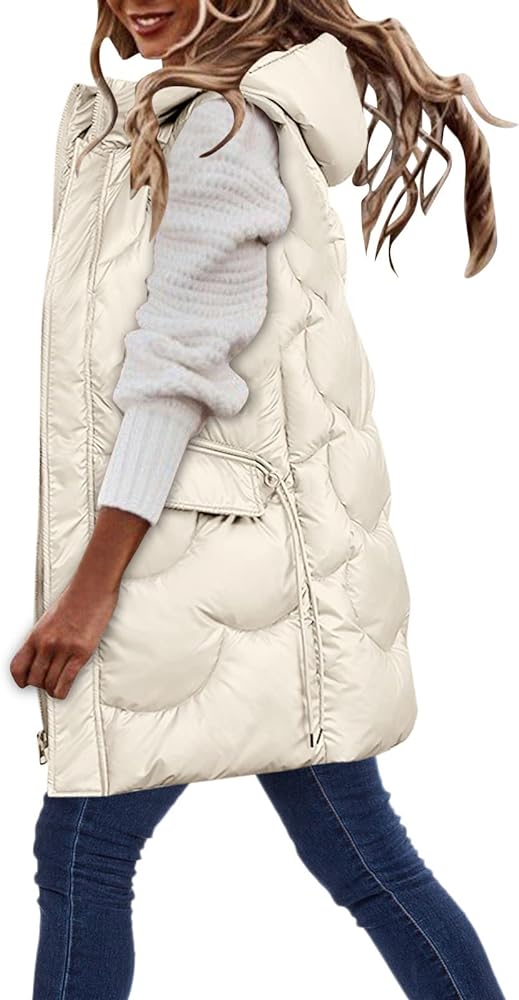 Long Puffy Vests for Women,Women's Hooded Long Down Vest Full-Zip Sleeveless Puffer Vest Fashionable Coats Jacket