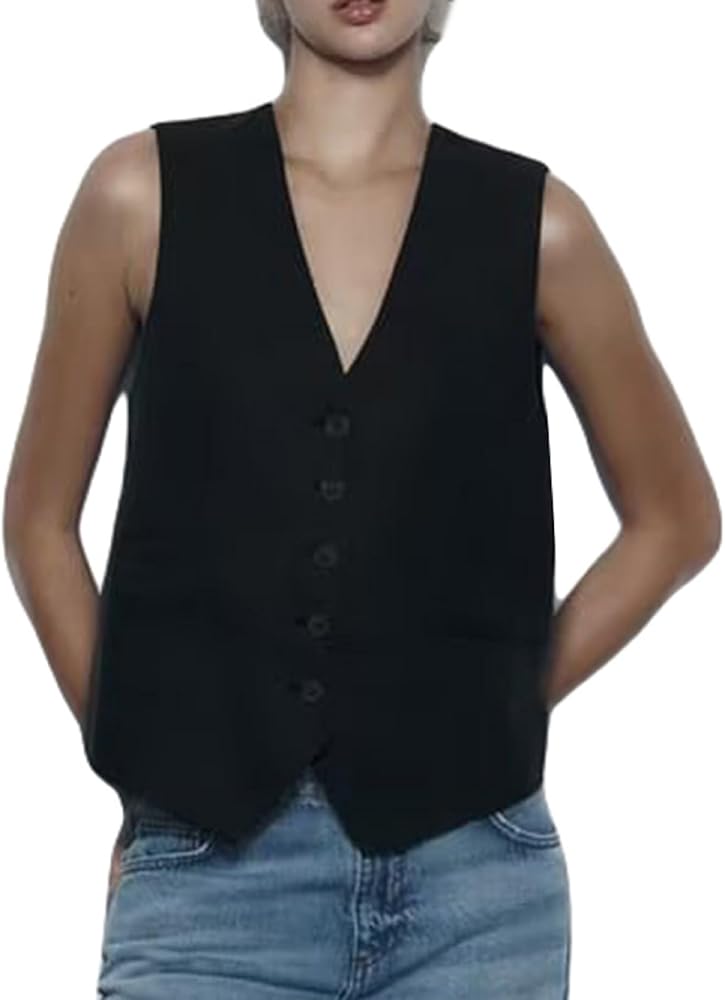 Women Y2k Suit Vest Tops Slim Fit Button Down Cropped Blazer Waistcoat Dressy V Neck Sleeveless Jacket Outwear