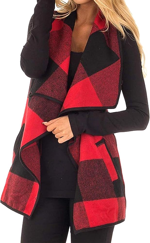 Women Buffalo Plaid Vest Casual Lapel Open Front Sleeveless Cardigan Jacket Coat with Pockets S-2XL