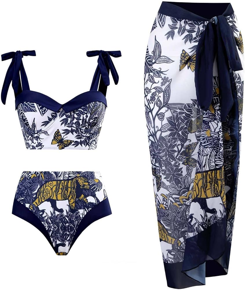 Womens Three Piece Bathing Suit with Matching Cover Ups Retro Floral Print Sexy Bikini Sets Push Up Two Pieces Swimsuit