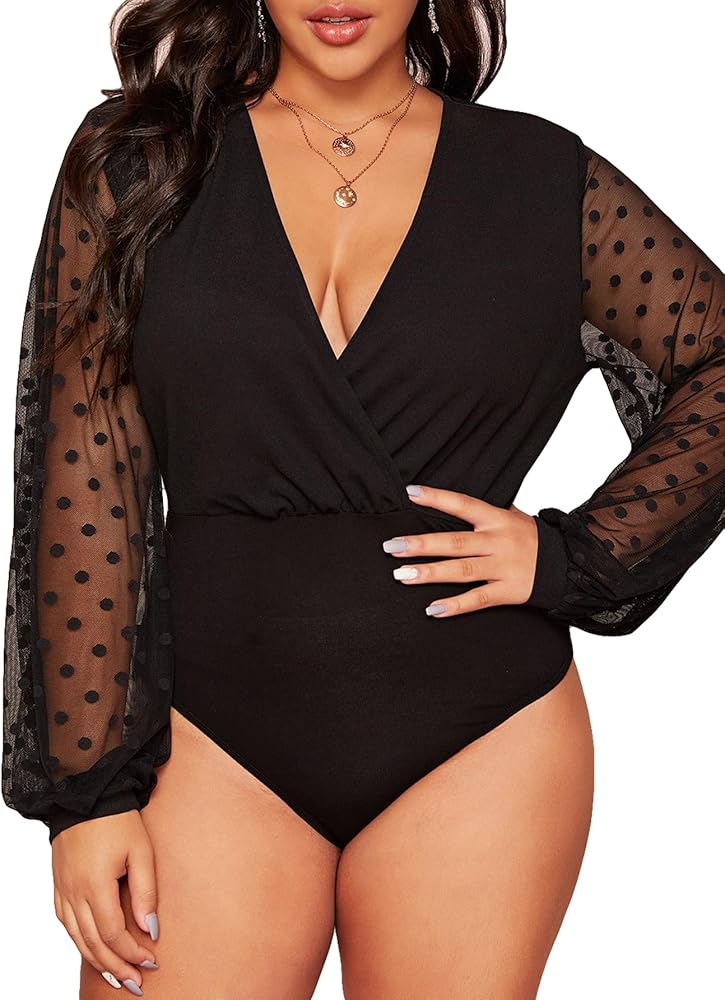 OYOANGLE Women's Plus Size Elegant Polka Dots Mesh Long Sleeve Wrap V Neck Bodysuit Shirt Tops