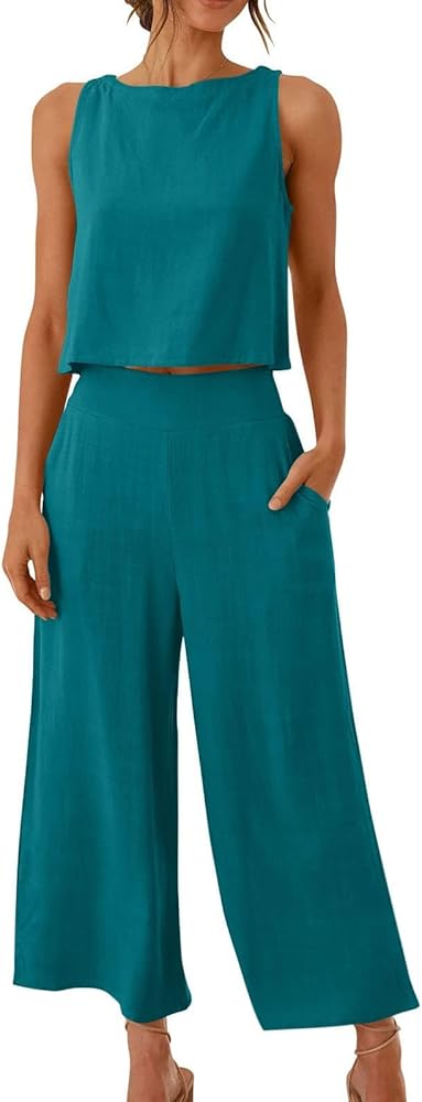 Women's Trendy Outfits 2024 Plus Size Sleeveless Outfit Casual Wide Leg Pants Set with Pockets Sets Outfits, S-3XL