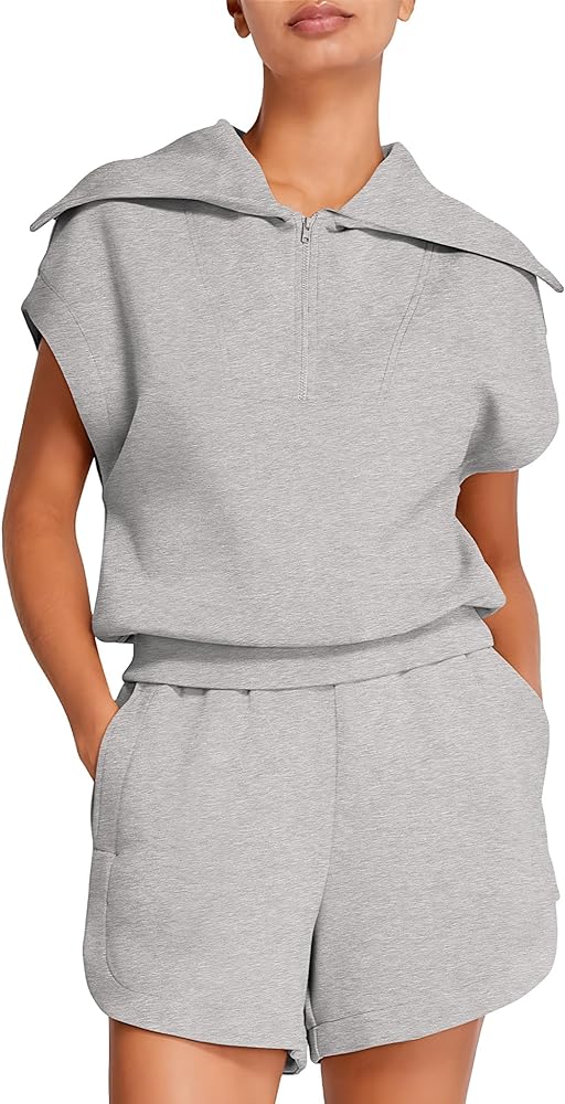 SWOMOG Tracksuit for Women Set Sweatsuits 2 Piece Set Half Zip Sweatshirt High Waist Drawstring Shorts With Pockets 2 Piece Outfits