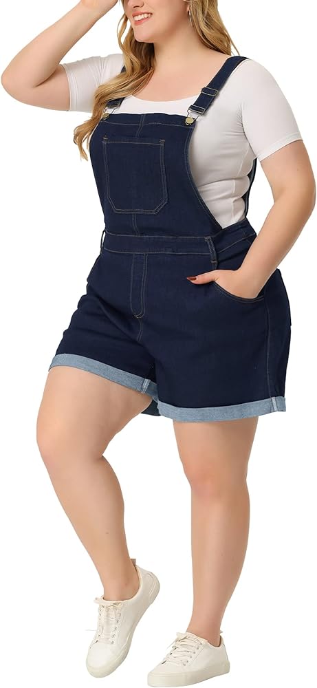 Agnes Orinda Plus Size Overall Shorts for Women Jumpsuit Roll Hem Pocket Jean Denim Overalls