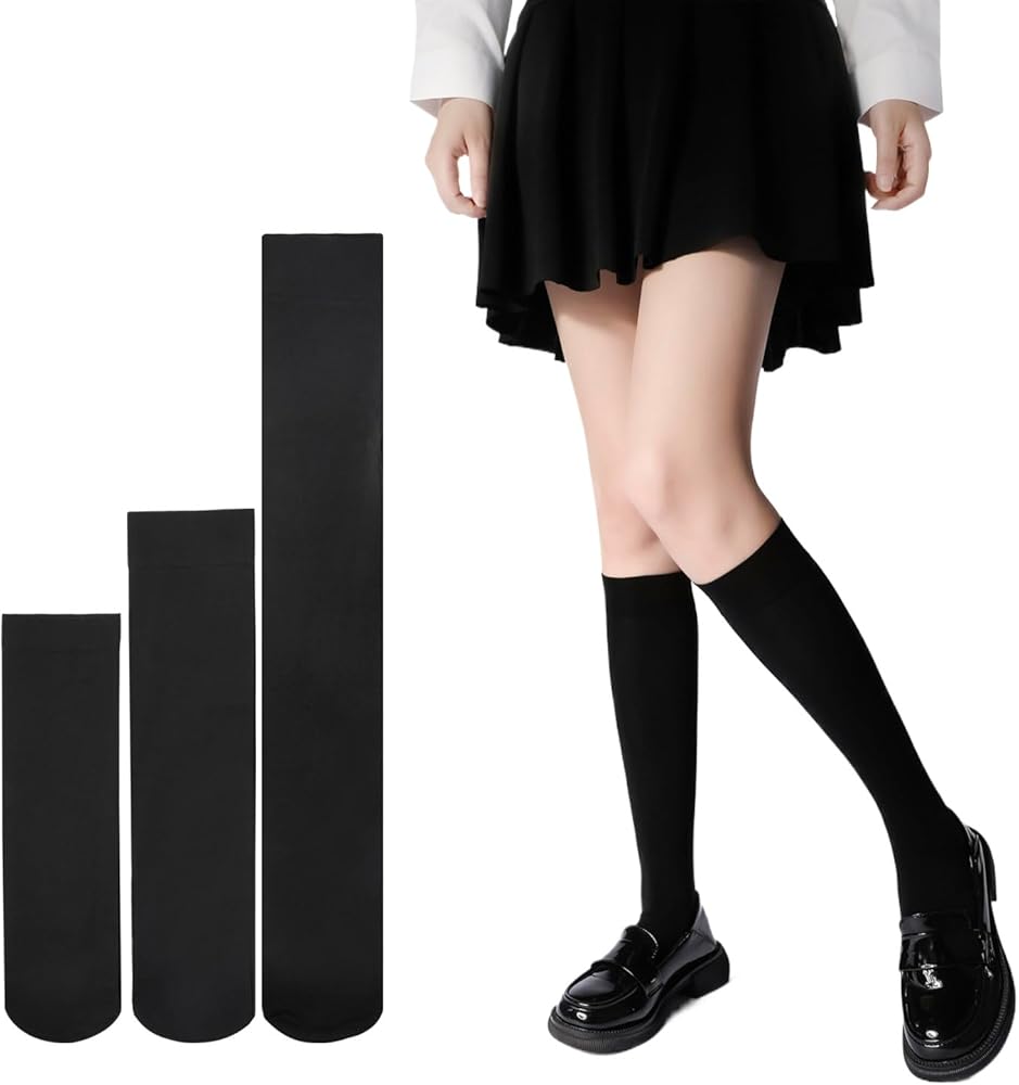 3 Pairs Nylon Sheer Socks Stretchy Opaque Knee High Socks Thigh High Socks Fashion Tube Stockings for Cosplay Women Girls