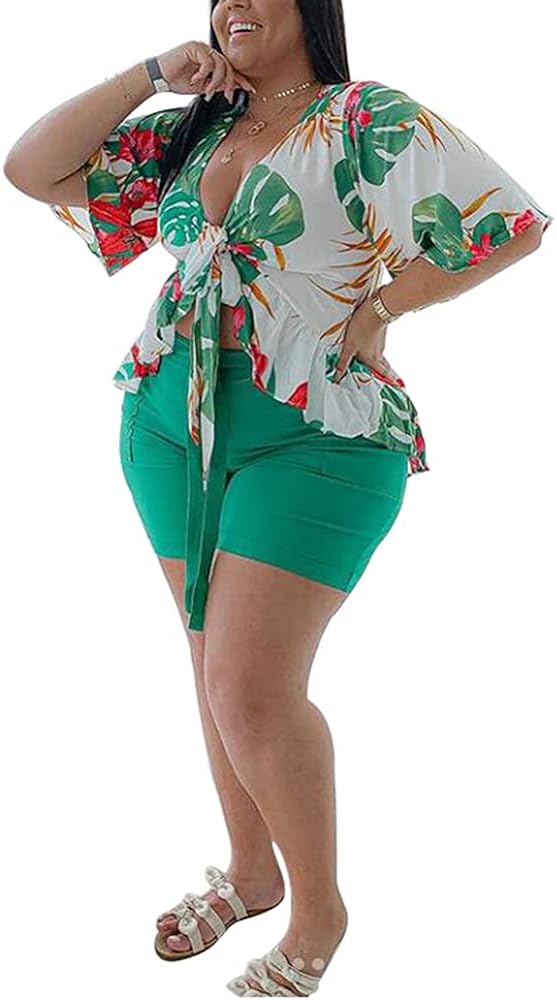 Plus Size Two Piece Outfits for Women Summer Tropical Print Short Sleeve Ruffle Blouse Top Shorts Cover UP Casual Set