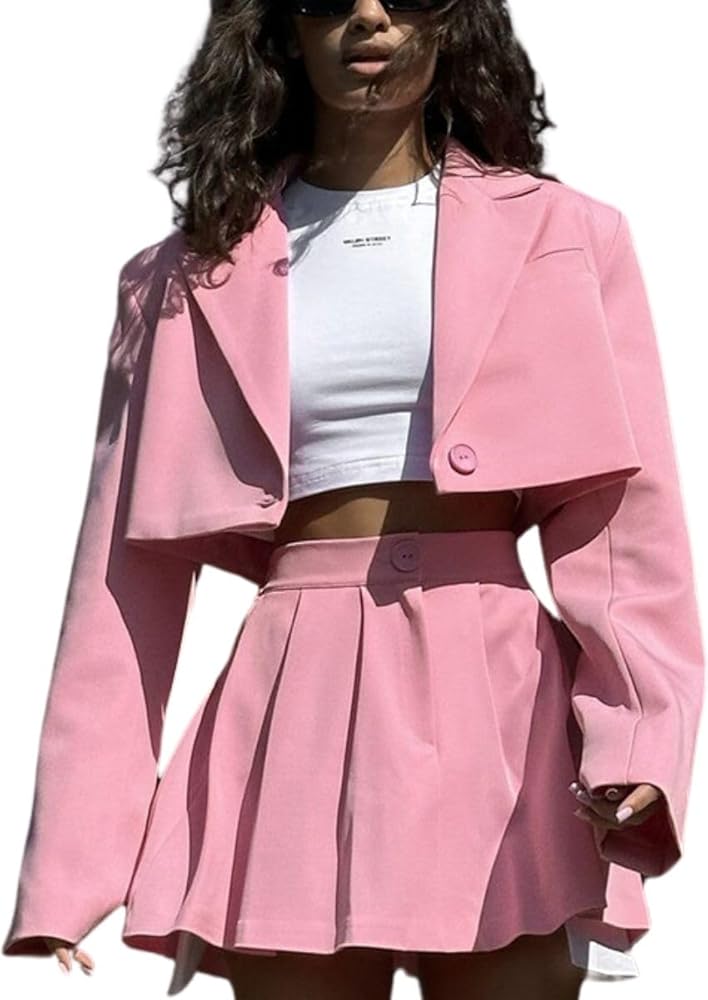 Women's Y2k 2 Piece Suit Skirt Set Casual Crop Blazer Jacket Pleated Mini Skirt Suit Sets Fashion Casual Set