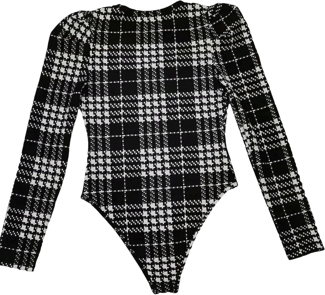 WDIRARA Women's Plaid Print Round Neck Long Sleeve Basic Bodysuit Tee Shirt Tops