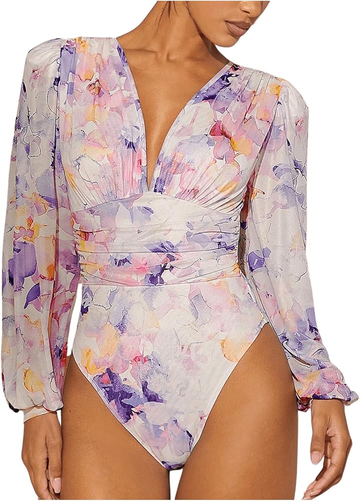 WDIRARA Women's Floral Print Deep V Bodysuit Lantern Long Sleeve Ruched High Waist Bodysuit Tops