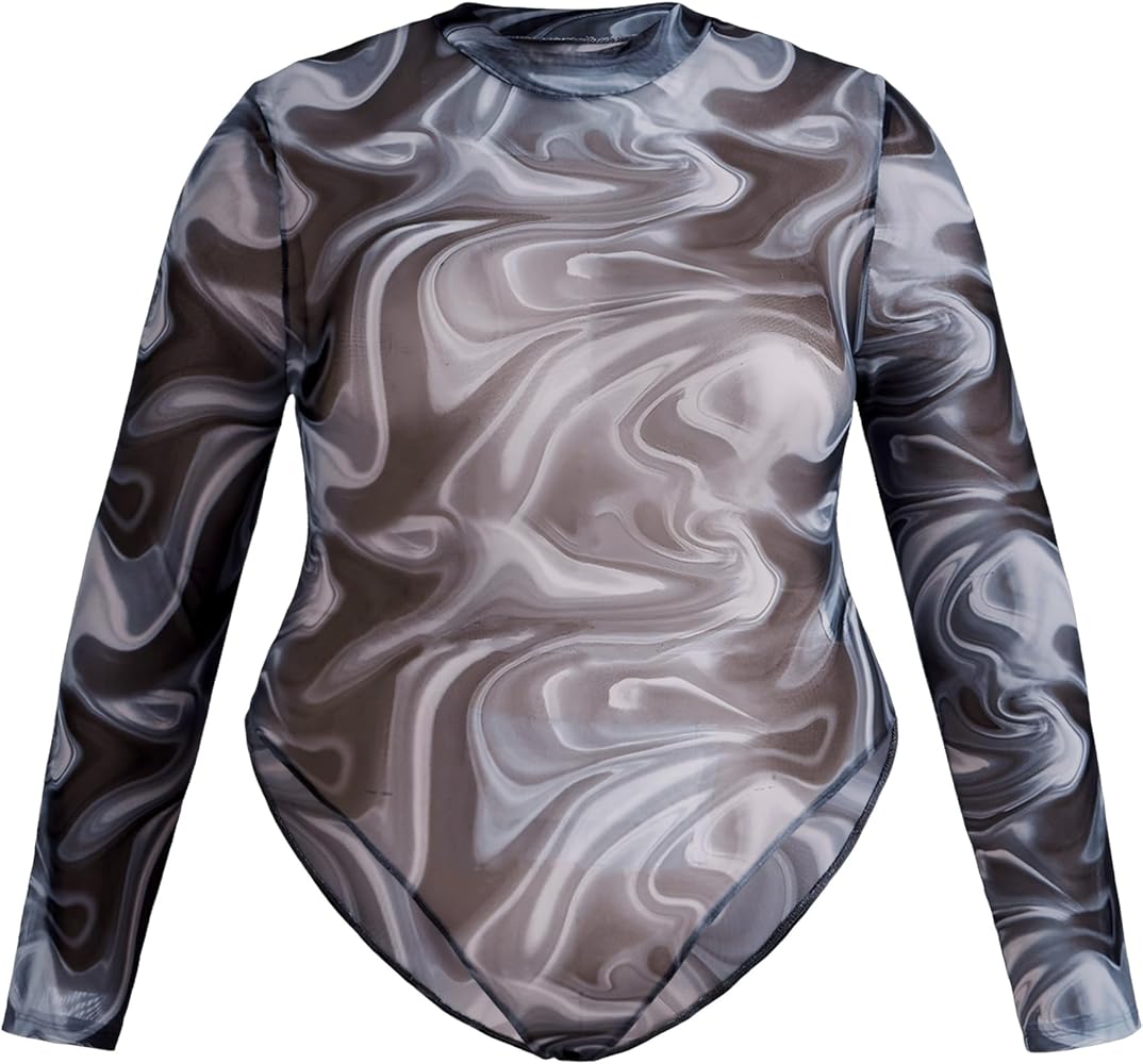 Milumia Women's Plus Size Marble Sheer Mesh Tee Bodysuit Long Sleeve Mock Neck See Through Top