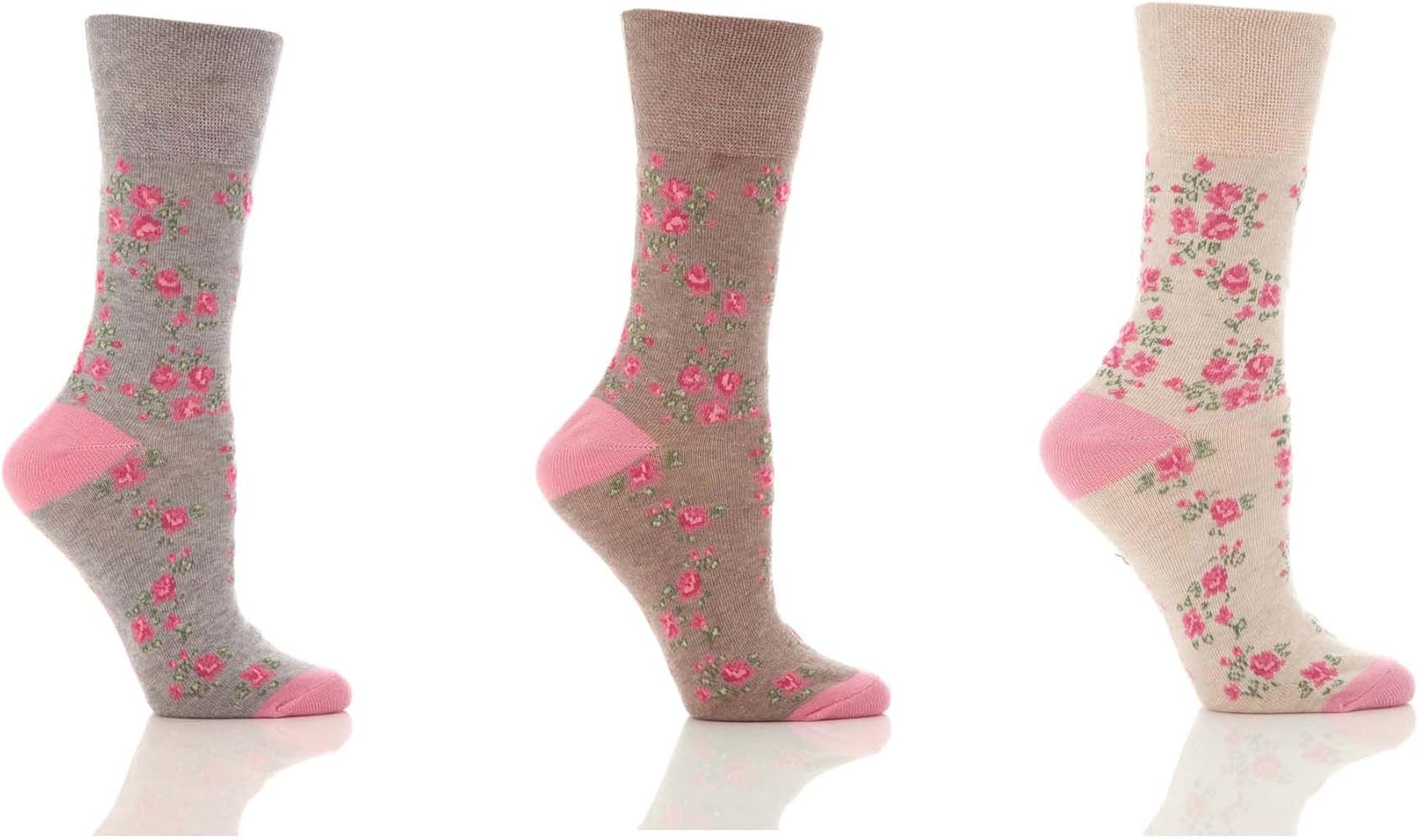 Ladies/Womens Cotton Rich Honeycomb Top Floral Pattern Socks (Pack Of 3) (US 6 - 10) (Grey/Pink)