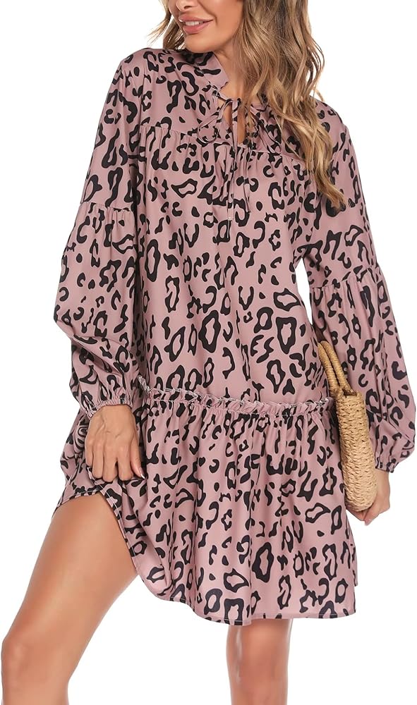 Long Sleeve Women's Dress 2022 Fall Casual Swing Mini Dress Print V Neck Ruffle High Waist A Line Dress Brown