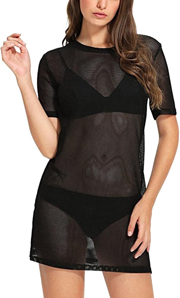 WuLun® Women's Sexy Cover Ups Short Sleeve See Through Gauze Mesh T-Shirt Dress (Large, Black02)