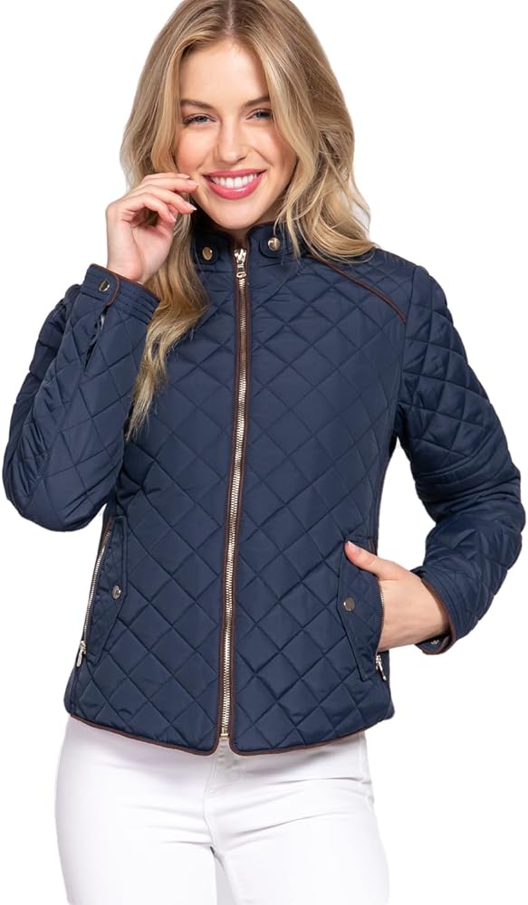 NE PEOPLE Women’s Quilted Jacket – Lightweight Long Sleeve Full Zip Up Casual Stand Collar Coat Outerwear with Pockets NEWJ22 Navy 1XL