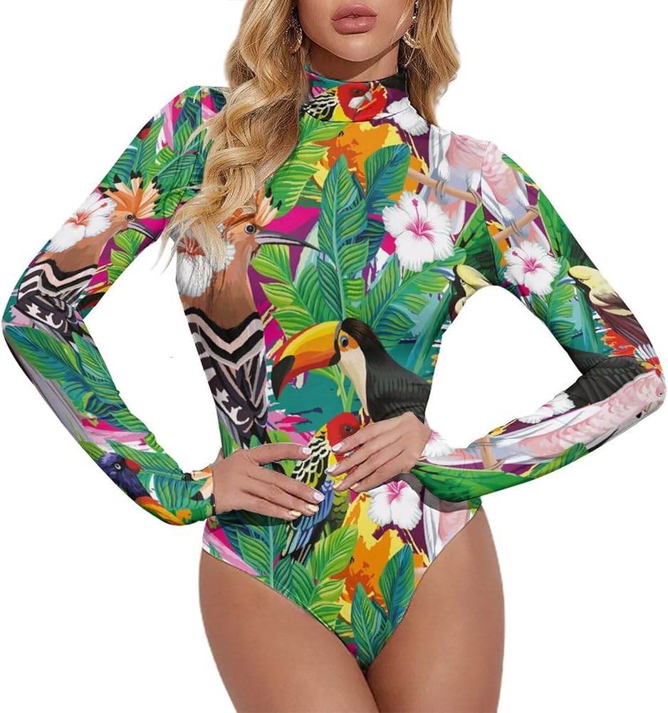 Composition of Tropical Bird Toucan Women's Bodysuit Tops Turtle Neck Long Sleeve Jumpsuit Print T Shirt