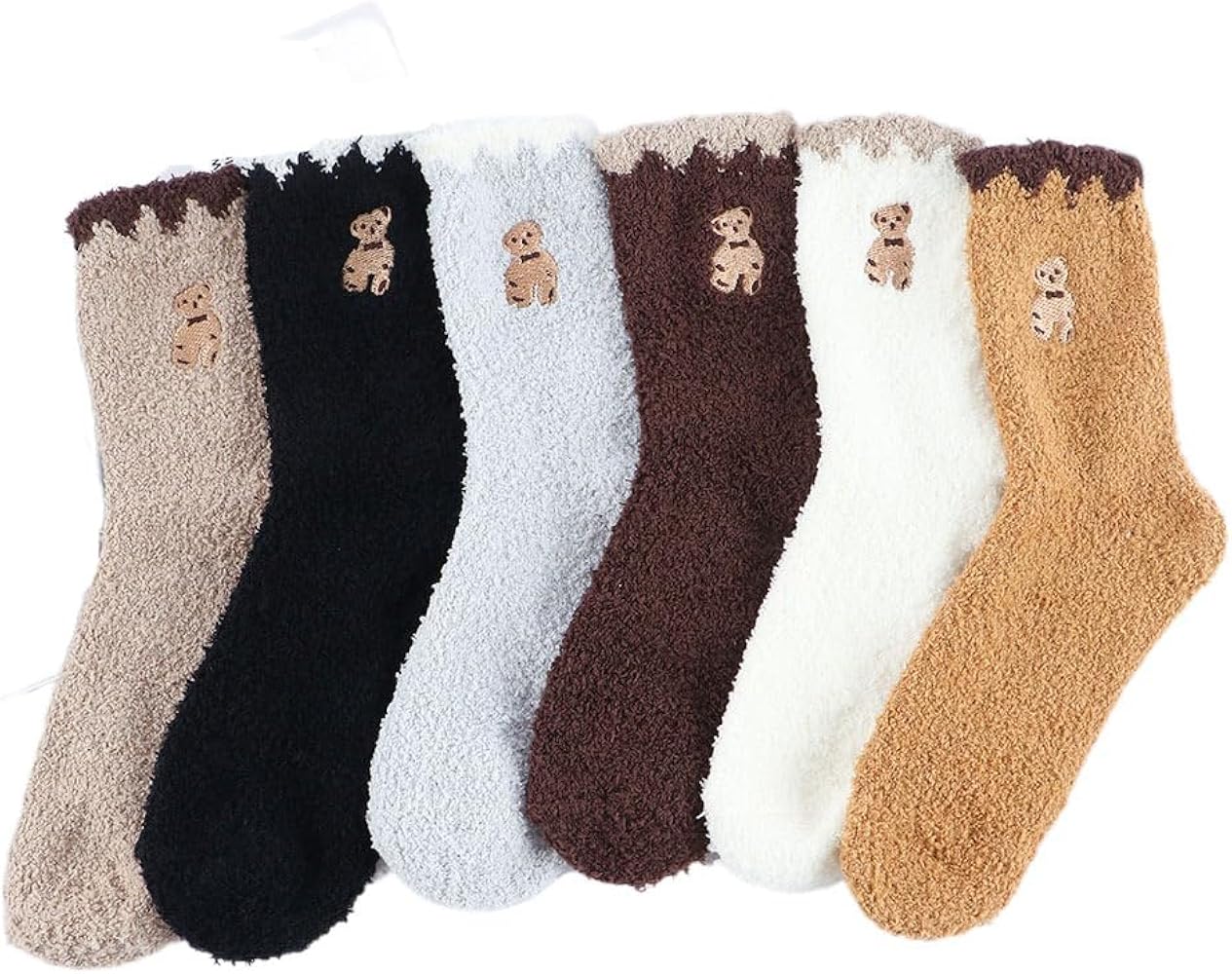 6pairs Coral Fleece Socks Mid-tube Thick Socks Autumn Winter Sleeping Socks Cute Cartoon Bear Plush Socks Cute Floor Socks Female Hosiery