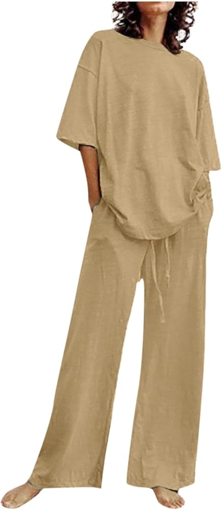 2 Piece Sets for Women Fall Pants Cotton Linen Top with Wide Leg Pants Going Out Casual Travel Outfits 2024 Fashion