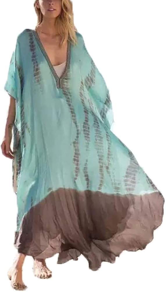 Womens Plus Size Beach Dresses Caftan V-Neck Print Turkish Robe Kaftan Long Bikini Cover Ups