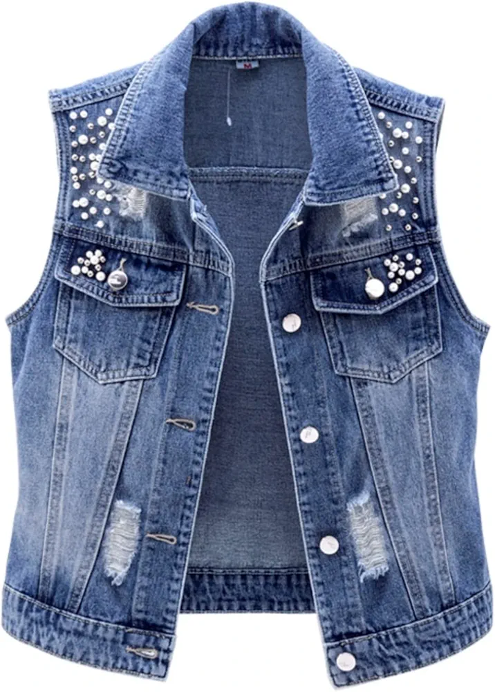 Women Denim Jacket Vest Short Outerwear Sleeveless Bead Hole Vintage Jeans Waistcoats,Blue,XL