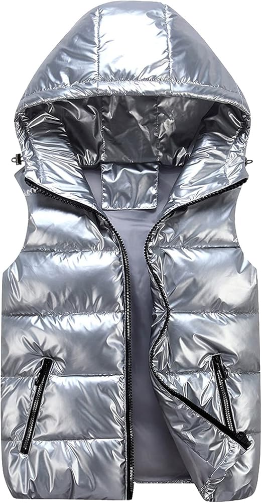 Mensch Women's Quilted Down Vest Puffer Padded Sleeveless Winter Warm Ultralight Faux Leather Shiny Coats Cropped Jackets