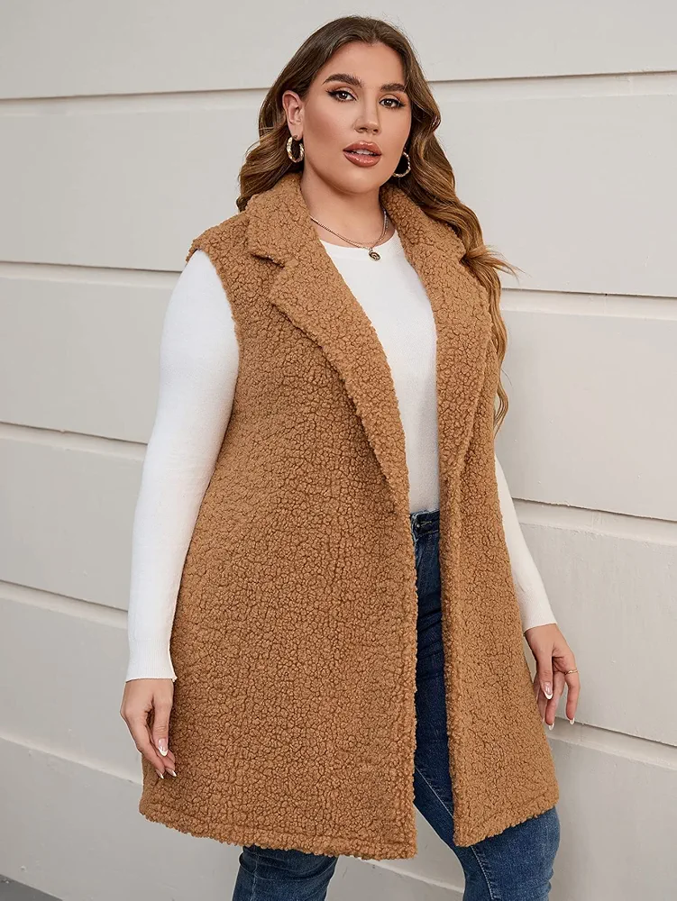 Plus Size Womens Jackets Plus Lapel Neck Single Button Teddy Vest Coat Plus Size Jackets (Color : Camel, Size : XX-Large)