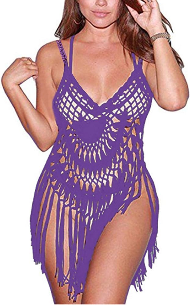 Women's Crochet Cover Ups Hollow Out Bikini Swimsuit Bathing Suit Cover Up for Pool Swimwear Tassel Beach Dress