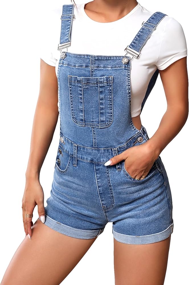 Floerns Women's Rolled Hem Denim Overall Romper High Waist Straps Shorts Jumpsuit