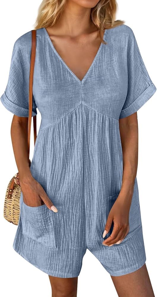 2024 Women's Casual V-Neck Fashion Rompers Short Sleeve With Pockets Comfort Jumpsuit Shorts