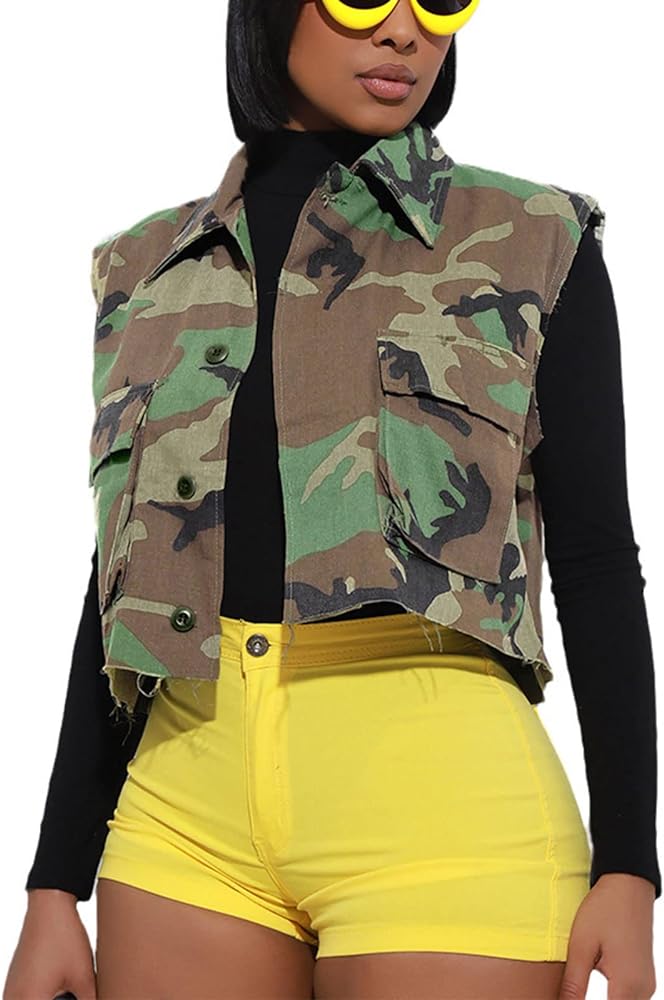 Alunzoem Camo Jacket for Women Casual Cropped Long Sleeve Button Down Camouflage Short Coat