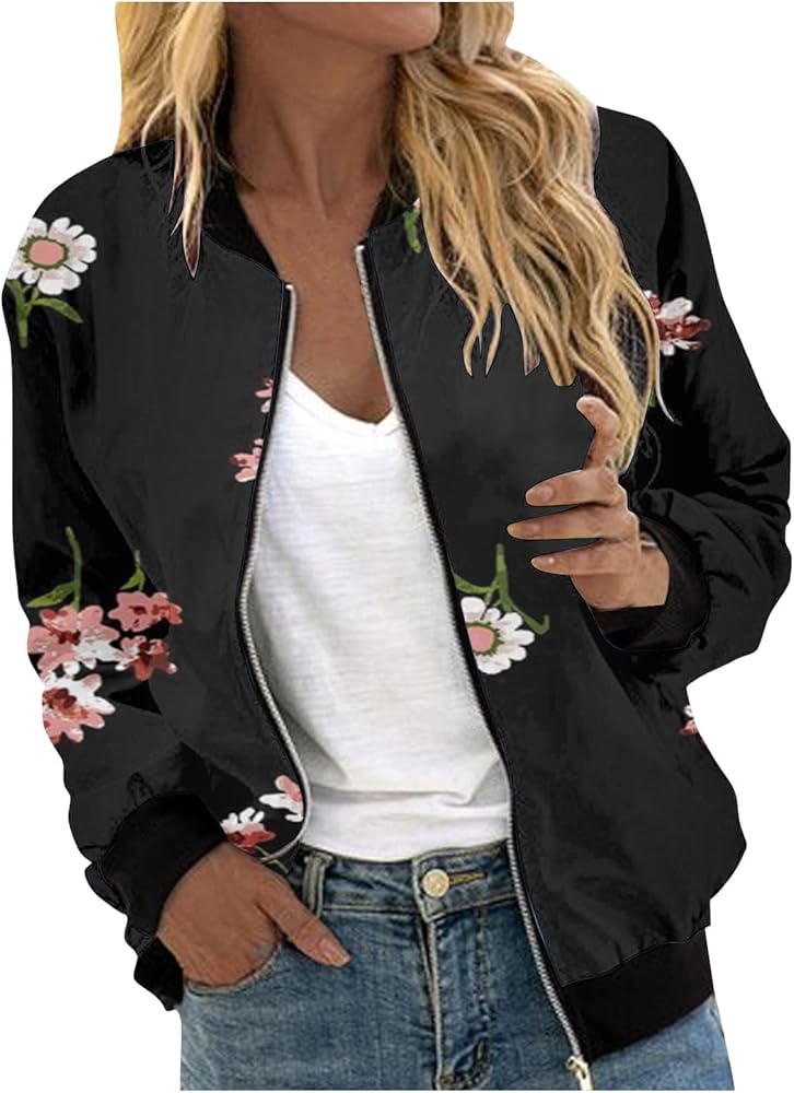 Women's Bomber Jacket Casual Coat Thin Pocket Jacket Blouse Coat Baseball Top Women's Baseball Jacket Floral Fall