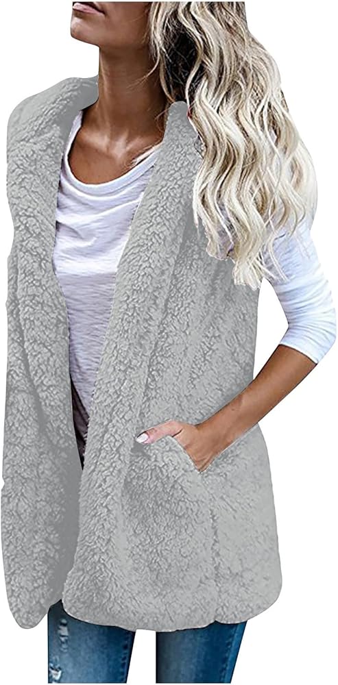 Fleece Vests for Women 2024 Winter Warm Fluffy Puffy Zip Up Vest Fall Sleeveless Jackets Outerwear with Pocket