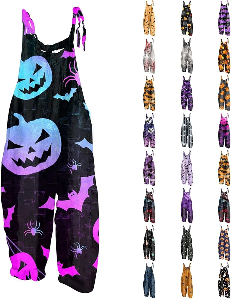 Halloween Jumpsuit Bat Pumpkin Ghost Cute Print Rompers Casual Loose Fit One Piece Linen Overalls With Pockets