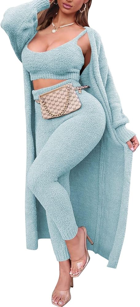 Fixmatti Women 3 Piece Fuzzy Outfits Sherpa Crop Tank Top High Waist Leggings Cover Up Long Cardigan