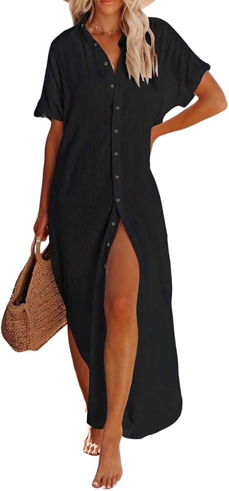 Eddoyee Swimsuit Cover Ups, Casual Button Down Long Kimonos for Women Short Sleeve Slide Split Beach Shirt Dress