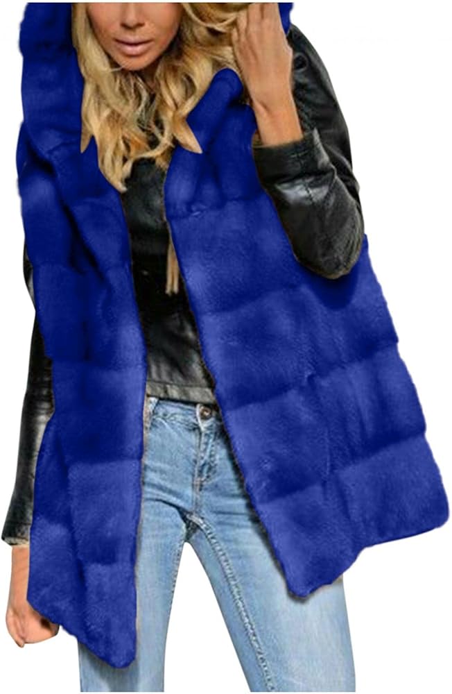 Womens Casual Hooded Vest Sleeveless Faux Fur Waistcoat Winter Body Warmer Jacket Coat Open Front Cardigan Outwear