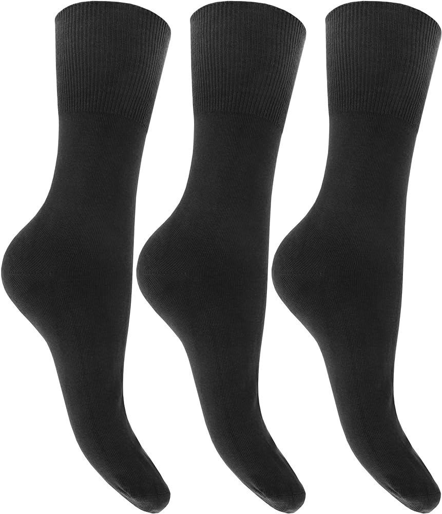 Womens/Ladies Plain Cotton Rich Non Elastic Top Socks (Pack Of 3) (US 6-10) (Black)