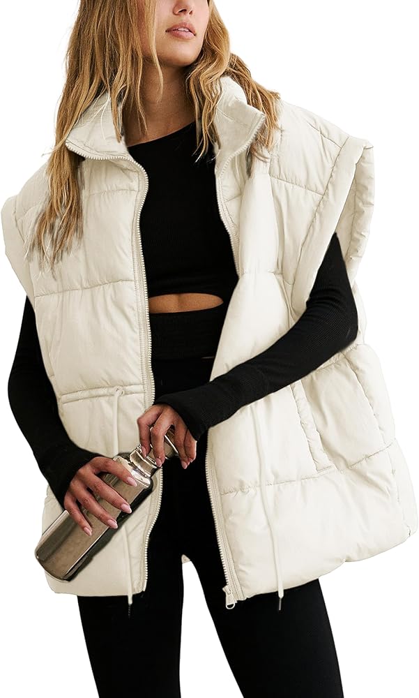 Women's Quilted Puffer Vest Lightweight Zip Up Stand Collar Adjustale Waist Sleeveless Padded Gilet Coat with Pockets