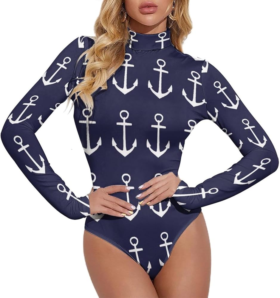 Nautical Navy Blue Anchor Women's Long Sleeve Bodysuit Turtleneck Tops Stretch Jumpsuit T Shirts