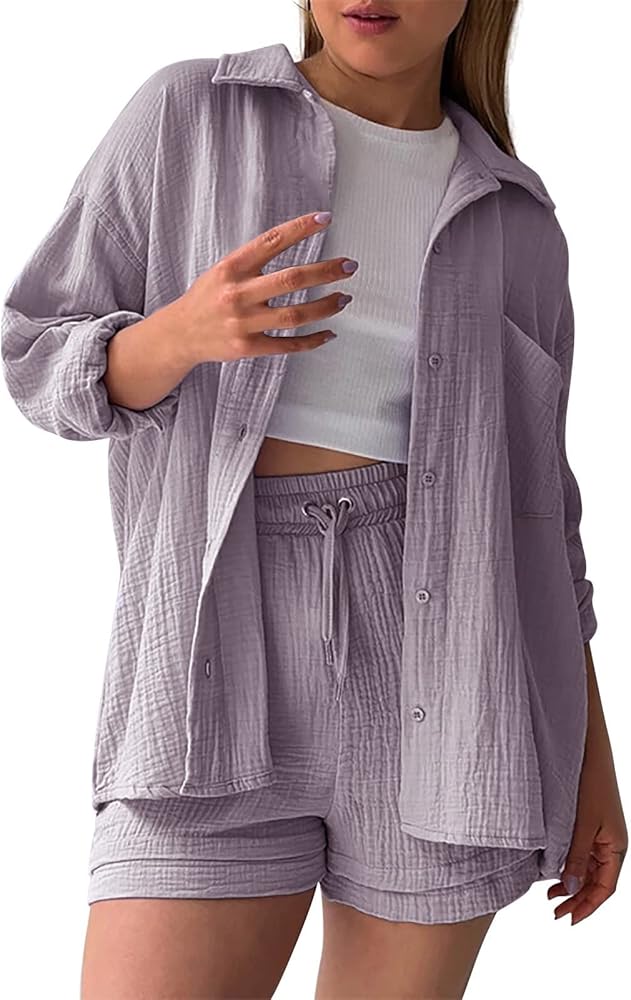 2024 Women's Casual 2 Piece Outfits Bohemian Wrinkled Lightweight Long Sleeve Button Down Shirt and Shorts Set