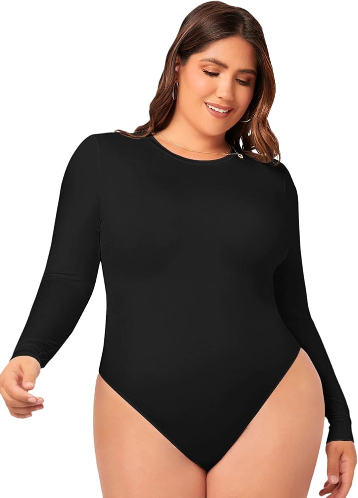 WDIRARA Women's Plus Size Long Sleeve Round Neck Casual Simple Fitted Tee Bodysuit Top