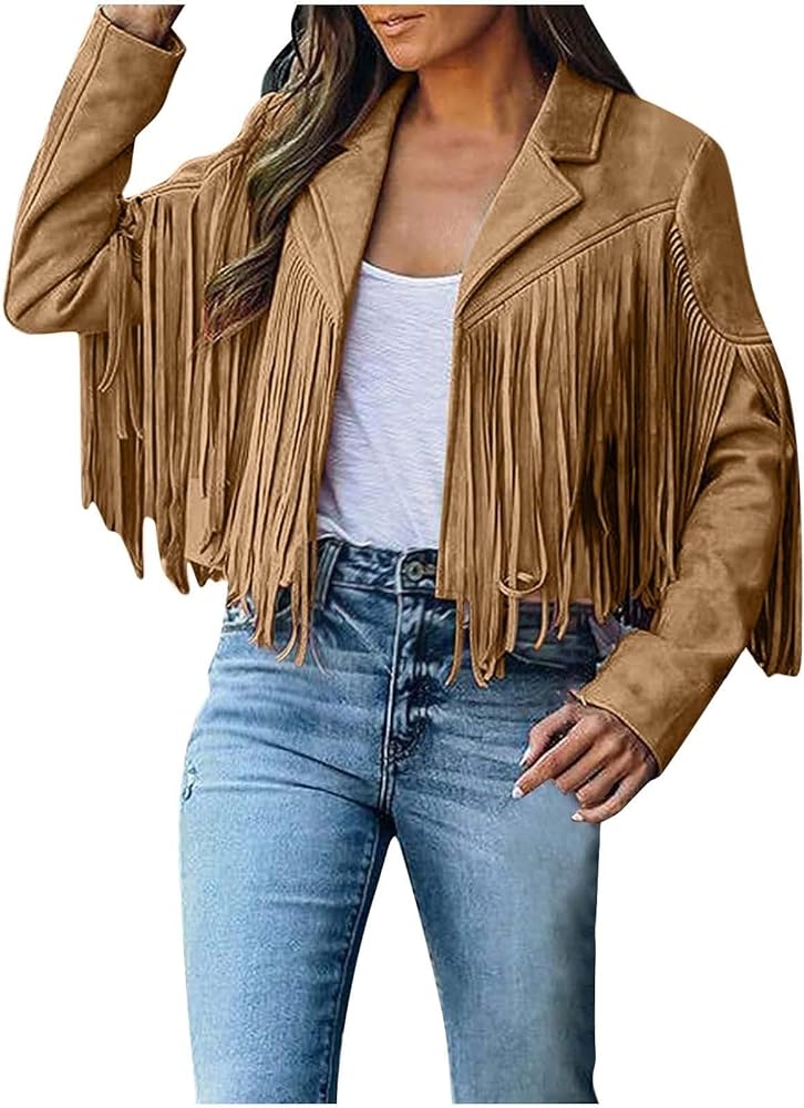 Women Trendy Tassel Coat Fringe Jacket Faux Suede Leather Cowboy Style Coat Long Sleeve Lapel Tunic Blazer Crop Tops