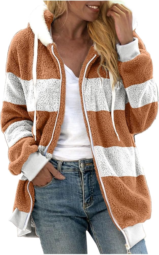 Winter Hooded Fuzzy Fleece Jackets for Women Warm Cozy Soft Oversized Fluffy Zip Up Sherpa Cardigan Coats Outerwear