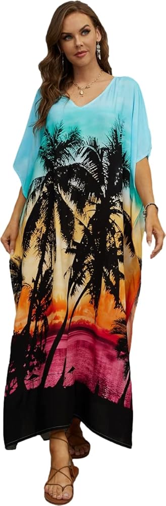 Crewneck Beach Cover Up Tie Waist swimsuit cove rup Loose Fit Floral Print caftan outfits