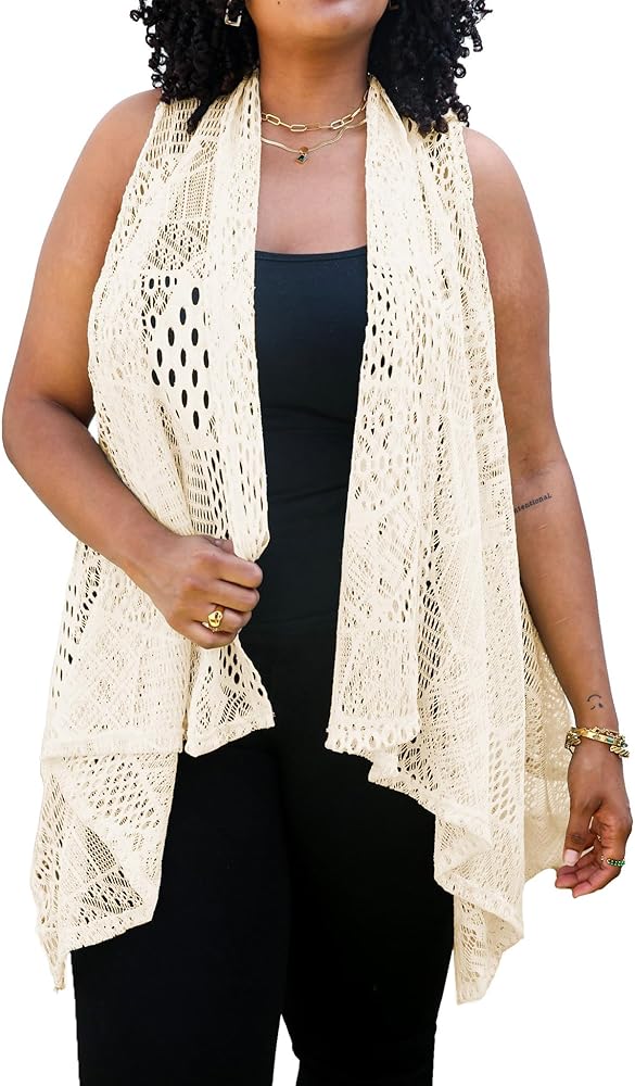 Anna-Kaci Women's Plus Size Bohemian Draped Open Front Crochet Bikini Cover Up Cardigan Vest