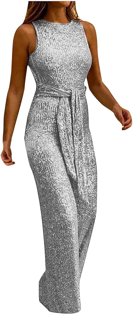 Women's Sexy Halter Cowl Neck Sparkly Jumpsuits Clubwear Sleeveless Elegant Sequins Bodycon Wide Leg Pants Rompers