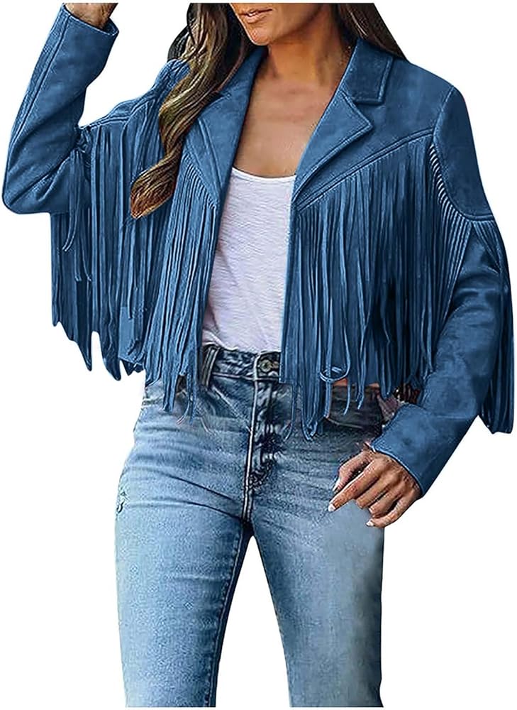 Women's Fringe Faux Suede Leather Jackets Tassel Cropped Coats Western Cowboy Jacket Outerwear Hippie Concert Outfits