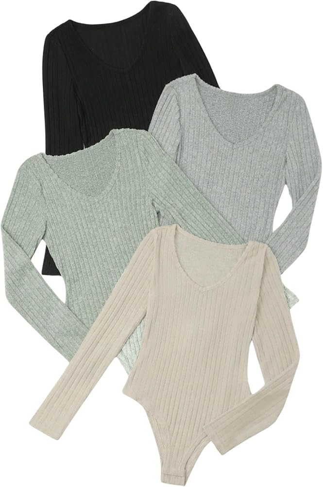 MakeMeChic Women's 4 Pack Ribbed Knit V Neck Long Sleeve Slim Fit Bodysuit Shirt Top Set