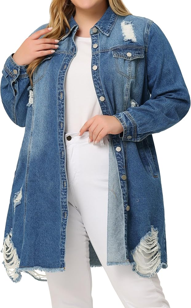 Agnes Orinda Jean Jacket for Women Plus Size Distressed Long Sleeve Oversized Denim Trucker Jackets Coat